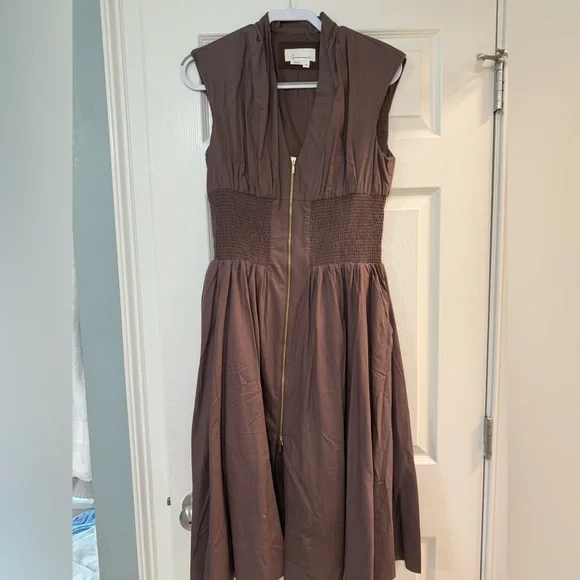 Anthropologie The Tommie Cap-Sleeve Smocked Front-Zip Shirt Dress - Picture 2 of 5